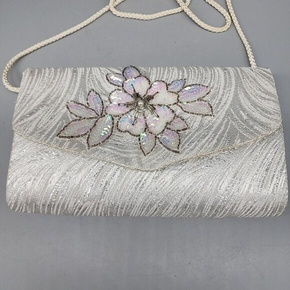 La Regale Glitter Beaded Shell Evening Shoulder Bag Magnetic Snap 9.5" X 5.5" - Picture 2 of 5